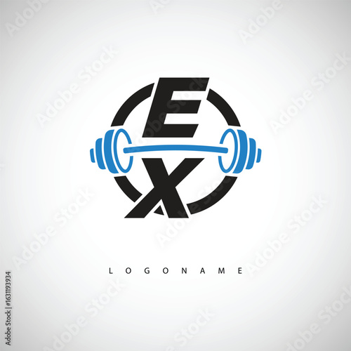 EX Fitness Logo with  Icon Creative Minimal Barbell symbol for Gym Branding. Active Lifestyle Identity Design