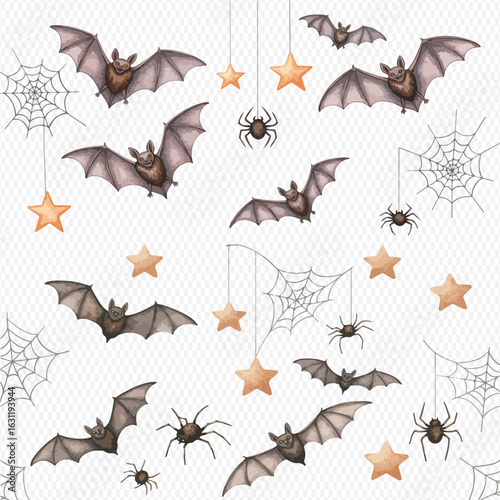 A charming Halloween pattern featuring watercolor bats, spiders, webs, and hanging stars on a delicate net background.