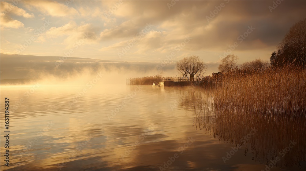 Fototapeta premium Golden sunrise over a tranquil lake.