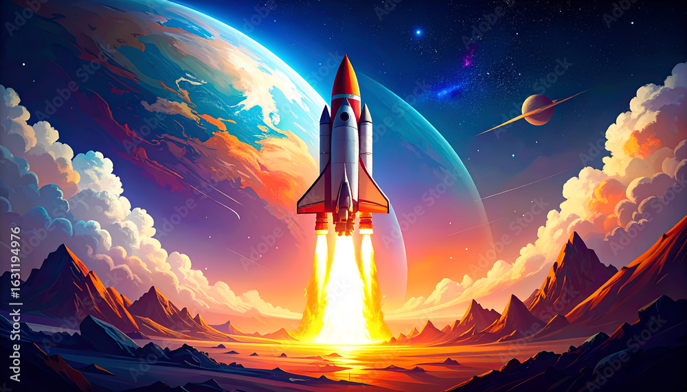 Obraz premium Rocket Launch with Earthrise, and Space Exploration.