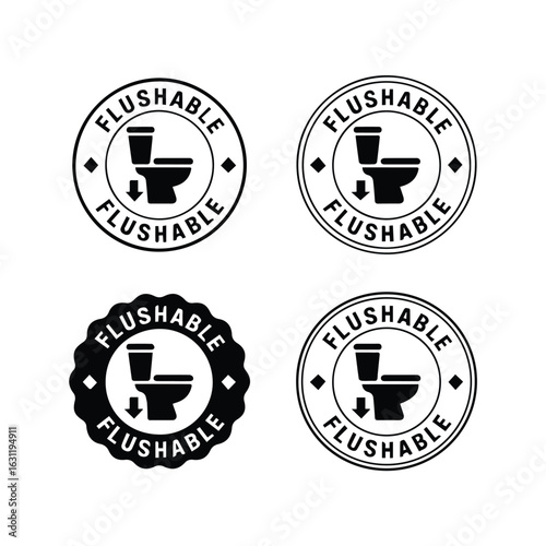 Four flushable toilet icons with circular borders and downward arrows in black and white design style