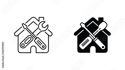 Home Repair Service vector Icons:  Line Art and Solid Black Versions,  Simple Minimalist Style,  Professional and Reliable Mood.
