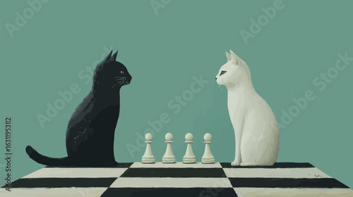 black cat and white cat on the chess board, white and black chess figurines