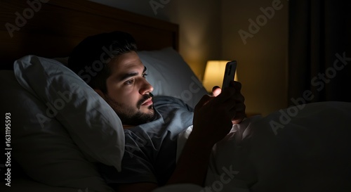A man checks his smartphone late at night while lying in a dark, cozy bed.