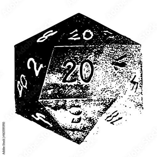 Vector Black and white of a twenty-sided polyhedral die.