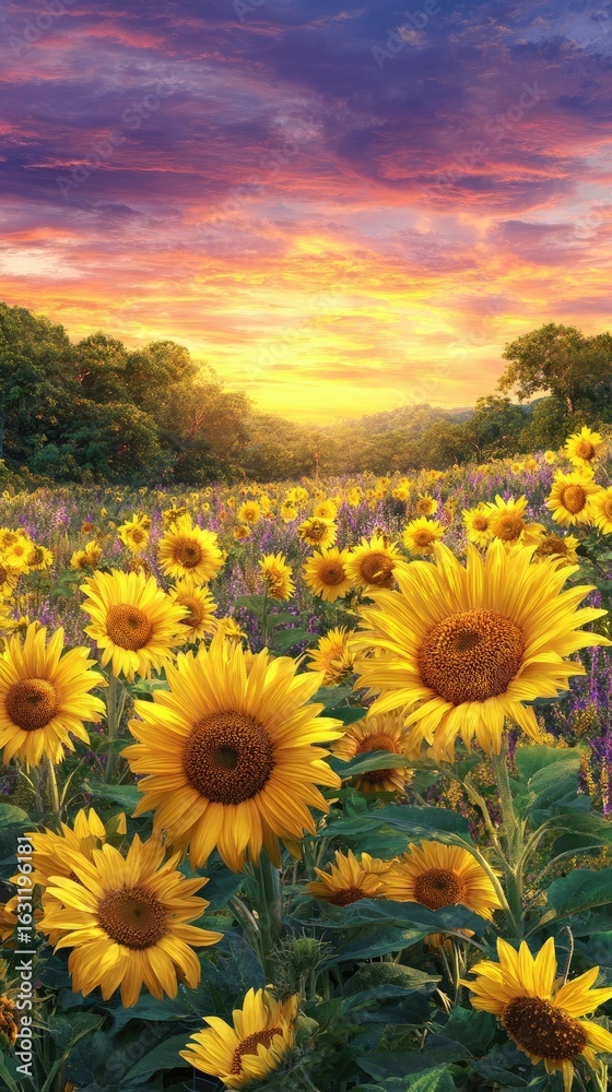 Obraz premium Sunflowers field at sunset