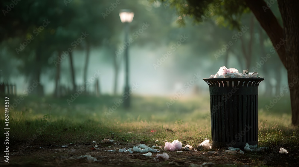 Fototapeta premium Overflowing trash bin in a dreary public park a stark reminder of environmental pollution