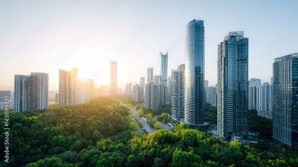 Fototapeta premium Cityscape view with modern skyscrapers rising above a lush green park at sunset creates a beautiful urban scene.