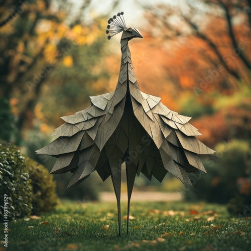 A sculpted peacock, origami-style, stands amidst autumn foliage