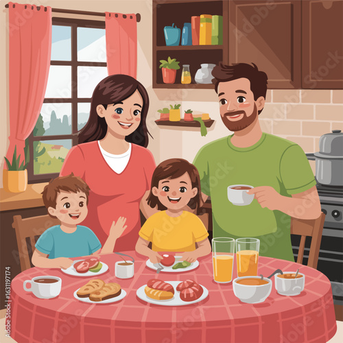 A happy family of four is having breakfast together at a round table in their kitchen setting indoors