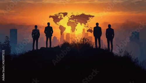 Four men standing on a hill with a globe in the background. The globe is surrounded by a city and the sun is setting