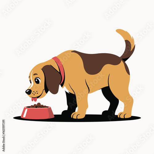 Cartoon dog with brown and tan fur eating from a red bowl filled with brown kibble on a white background