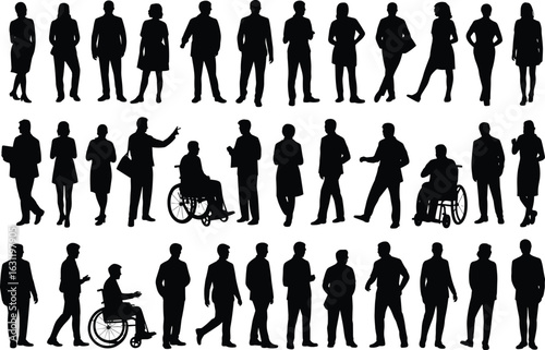 Business people silhouettes, diverse workforce vector, office team standing, wheelchair inclusion concept, professional man woman pose, black silhouette art