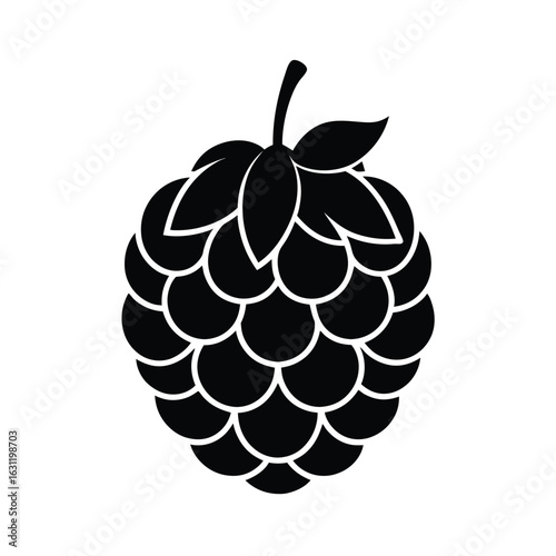 Black silhouette of a raspberry with leaves on a white background fruit black and white