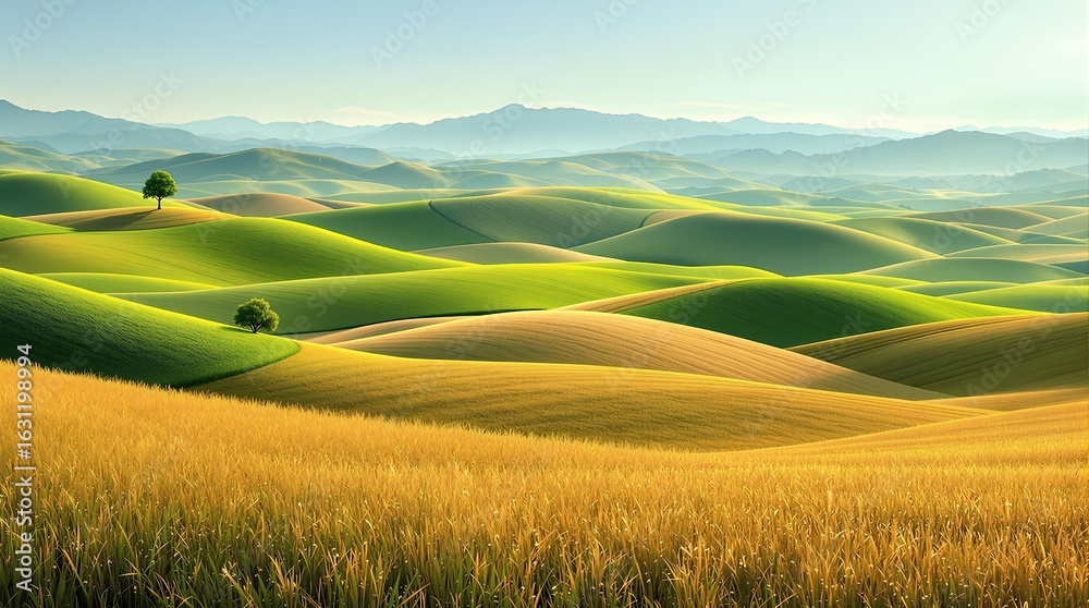 Obraz premium Golden wheat fields meet rolling green hills under a serene blue sky, a peaceful landscape.