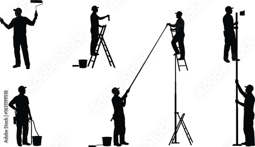 Construction workers painting, using ladder, holding roller, working on high poles, paint bucket, long pole, silhouette, isolated illustration