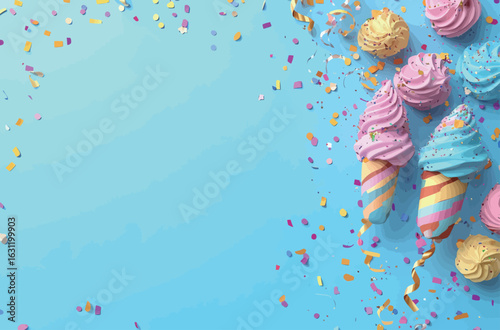A blank white rectangle on the right side of an animated vector cartoon party popper with confetti and streamers