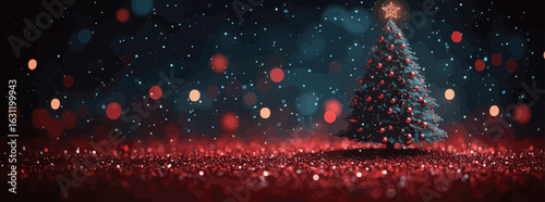 A Christmas tree with a star on top is lit up with glitter. The tree is surrounded by a lot of sparkles, creating a festive and magical atmosphere