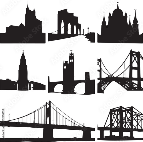 Architectural silhouettes of famous landmarks and bridges