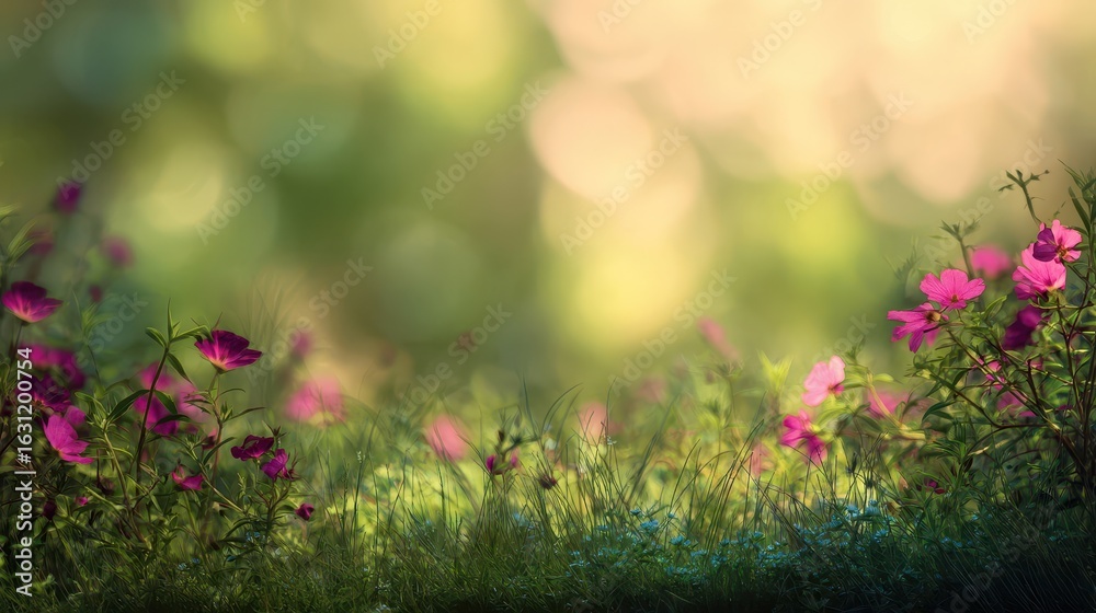 Obraz premium Lush meadow flowers in soft sunlight.