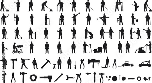 Construction workers silhouettes, tool icons, labor equipment, industrial tools, repairman figures, hammer, drill, gear, ladder, engineering tools, builder, wrench, pliers, helmet, nails, bolts