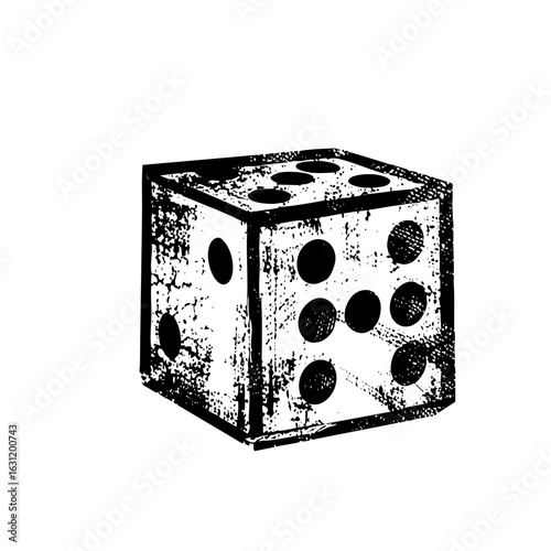 Vector Distressed monochrome of a six-sided die displaying the number six.