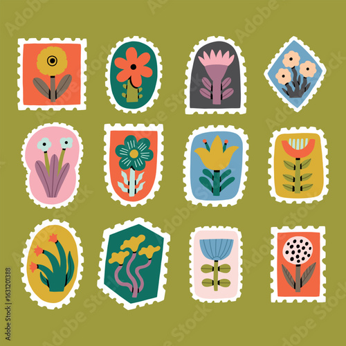 Retro Flower Postage Stamp. Cute Floral Mail Postcard. Vector Illustration