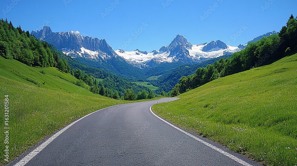 Naklejka premium Winding Road Through Lush Valley, Majestic Snow-Capped Mountains, Clear Sky