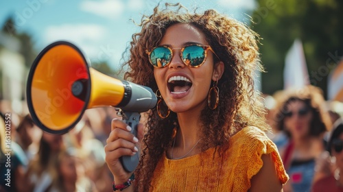 Woman with Curly Hair Using a Megaphone at a Sunny Outdoor Rally