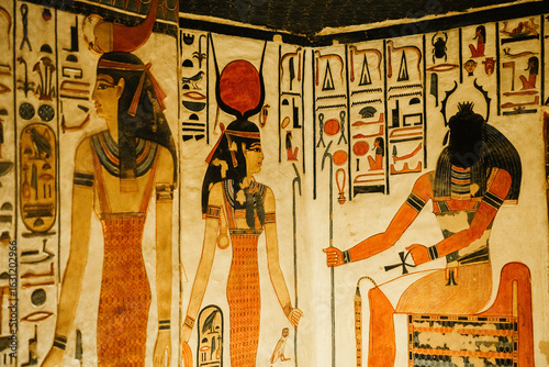 Exquisite murals and reliefs in Queen Nefertari's tomb in the Valley of the Queens in Luxor, Egypt