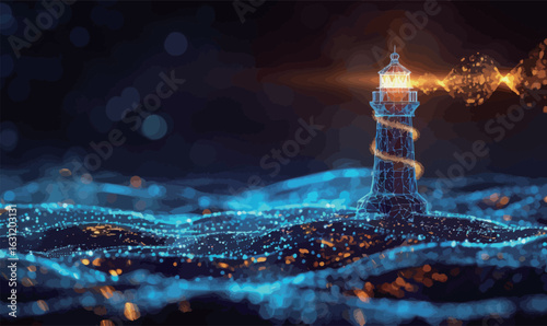 A lighthouse is lit up in the night sky with a blue and orange glow. The lighthouse is surrounded by a blue and orange light that is shining on the water. The scene is peaceful and serene