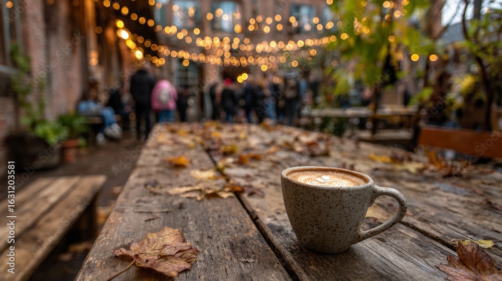 Fototapeta premium A rustic outdoor café surrounded by fallen autumn leaves, with a pumpkin spice latte on a wooden table, people in scarves chatting in warm light, creating a festive and comforting seasonal mood