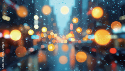 A blurry cityscape with snow falling and lights shining through the rain. Scene is one of chaos and confusion, as the lights and snow create a disorienting effect