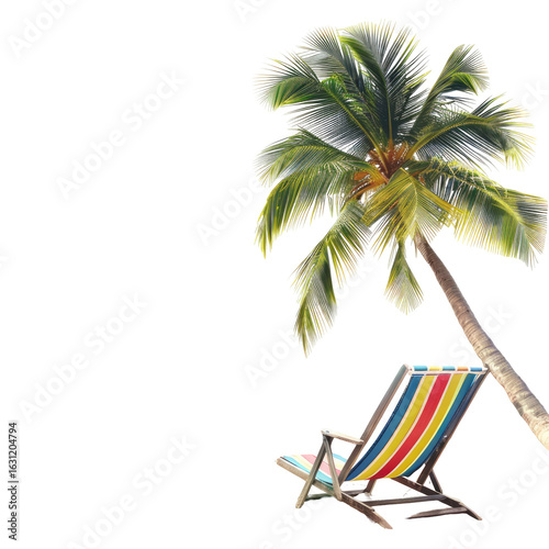 Tropical beach scene with palm tree and striped lounge chair