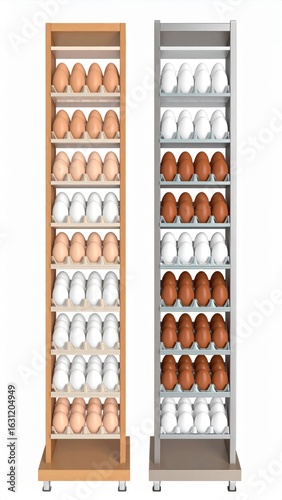 Wallpaper Mural Two Display Shelves Holding Assorted White and Brown Eggs in Organized Rows on White Background Torontodigital.ca