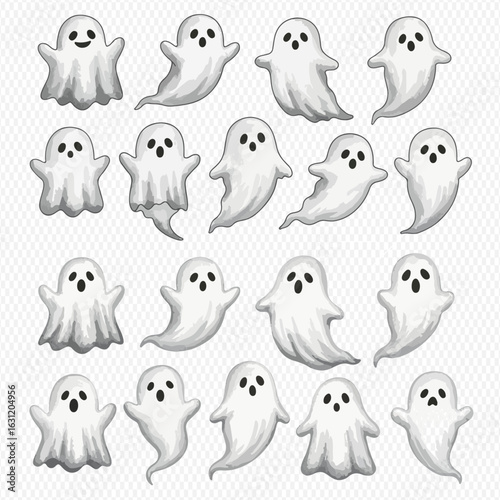 A collection of cute and spooky cartoon ghosts with various expressions and poses.