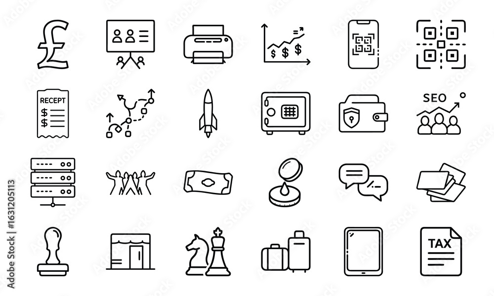 Fototapeta premium Business and Finance Icon Bundle – Economy, SEO, Tax, Security, Profit Growth, and Marketing Strategy Line Vector Set