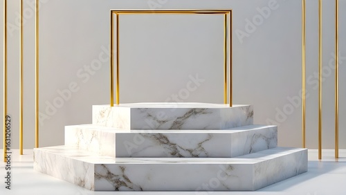 White marble steps in a geometric scene, featuring a 3D rendering with a gold frame and a clear view.

