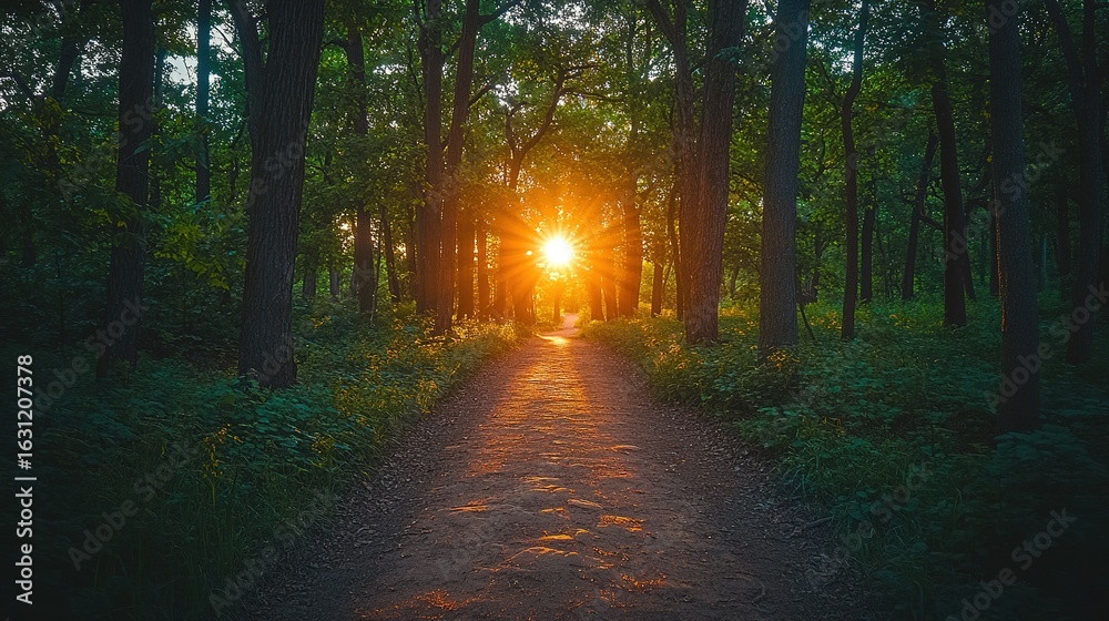 Fototapeta premium Forest path with sunlight shining through trees creating a bright glow.