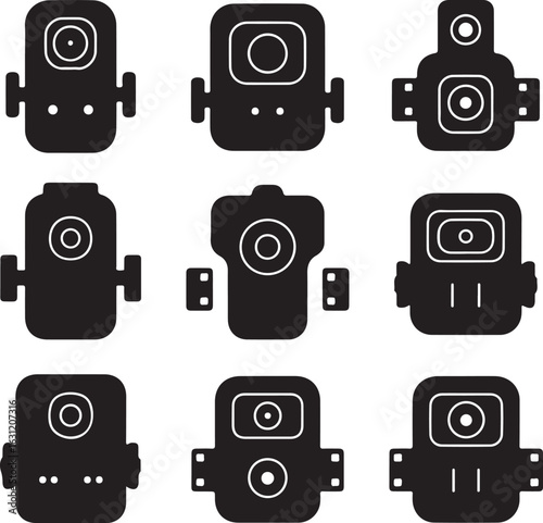 Black camera icons with white lenses and details vector