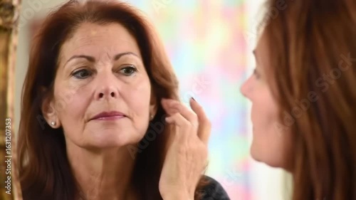 Mature Woman Examines Her Face in Mirror Concerned About Aging Skin and Wrinkles.