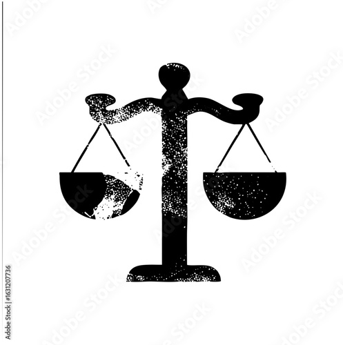 Vector Black silhouette of scales of justice with world map and solid pan.