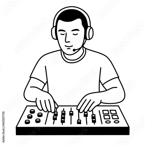 Focused Man Wearing Headphones Adjusting Black and White Audio Mixer
