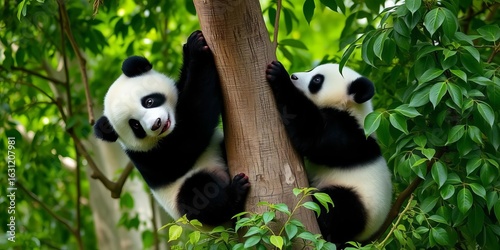 Two panda cubs playfully climb a tree, their black and white fur contrasting against lush green foliage,   mountain,  animal