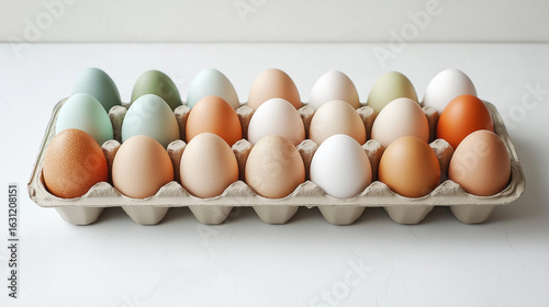 Mixed colored eggs in tray on white background