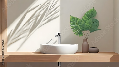Compact sink corner featuring a white ceramic basin, a small vase, and a green leaf shadow cast on the wall.
