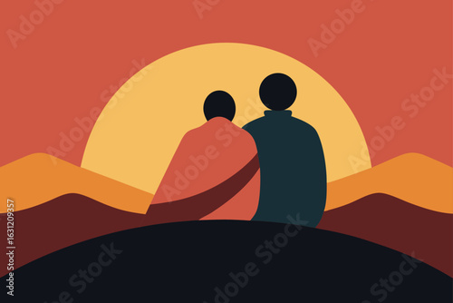couple watching sunset from hilltop blanket romantic view