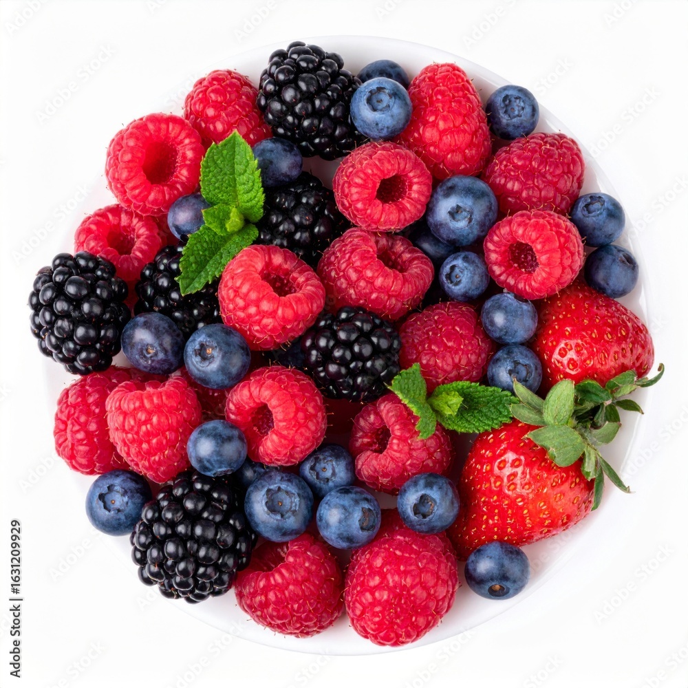 Abundant Mix of Raspberries Strawberries Blueberries and Blackberries in a White Bowl Abundant Mix of Raspberries Strawberries Blueberries and Blackberries in a White Bowl