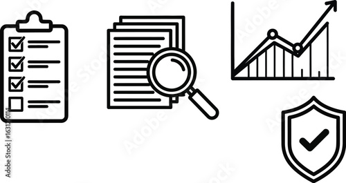 Vector art of business document icons including checklist, data analysis, and security, , representing thorough review, compliance, and protection of valuable information