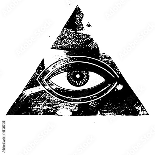 Vector Illustrative eye within a distressed triangle symbol.